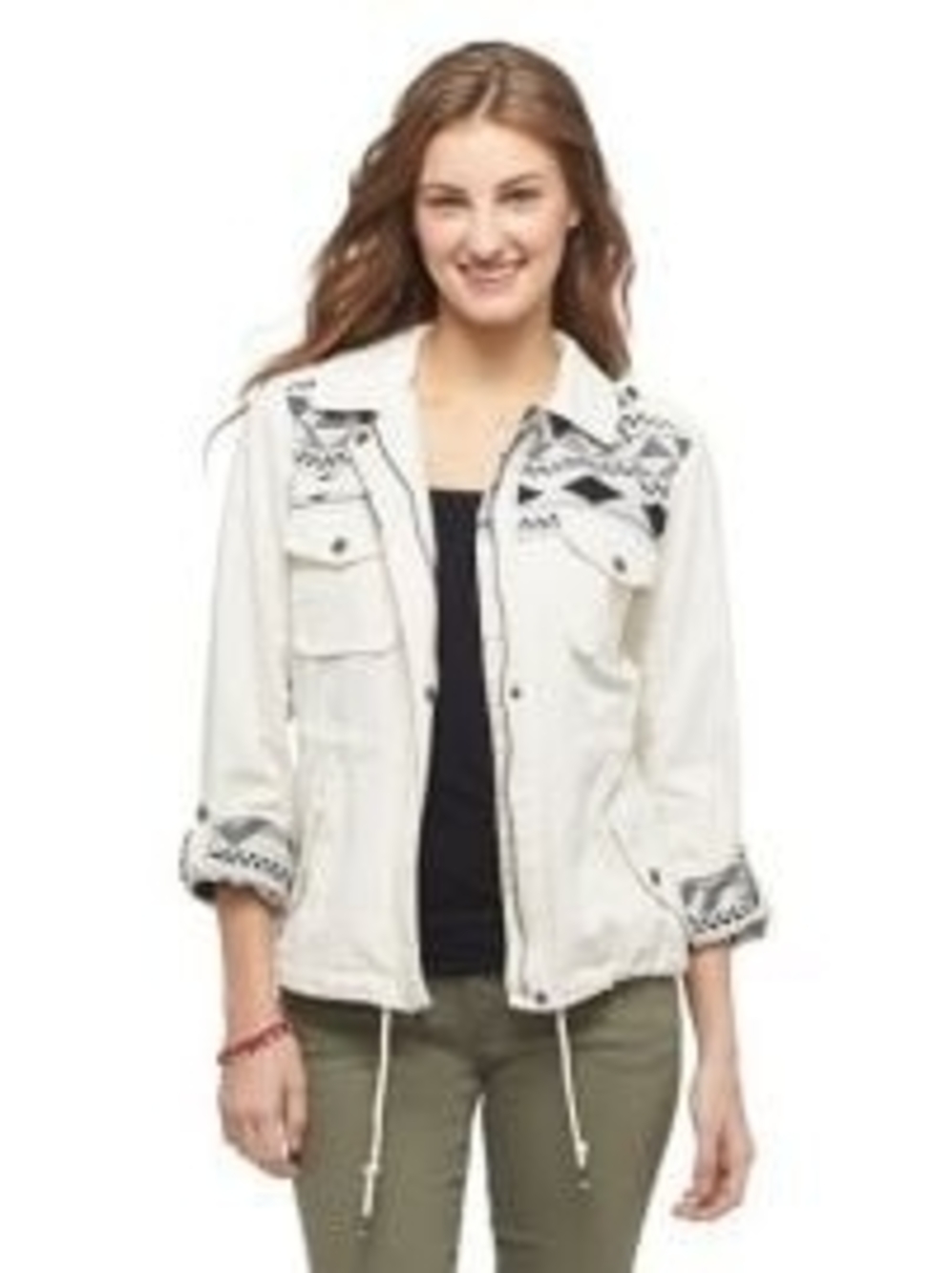 Mossimo Supply Co. White Utility Jacket with Black Embroidered Trim